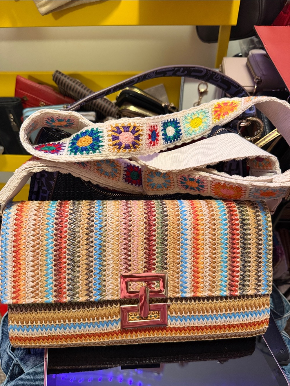 Multicolor Woven Crossbody Bag with Embroidered Strap